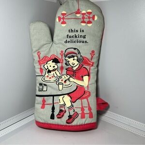 Retro BLUE Q Oven Mitt THIS IS F***ING DELICIOUS Girl & Dog POTHOLDER